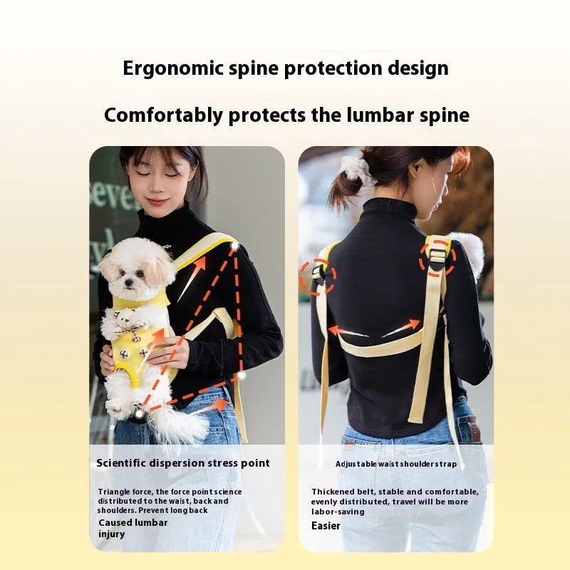 Cartoon style pet chest bag in soft canvas with ribbon trim showing Beka yellow bear stitching pattern