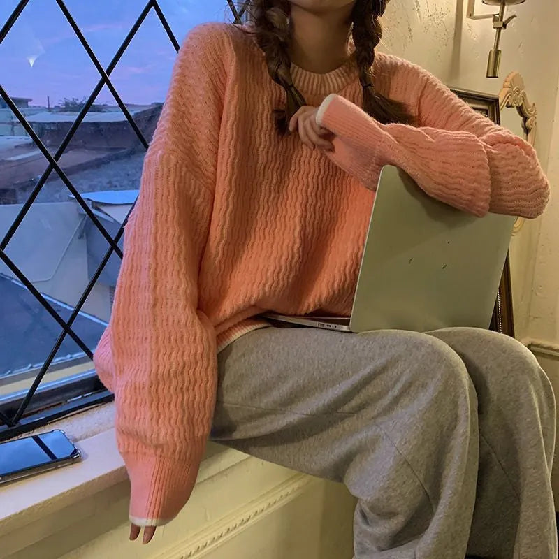 Women's loose retro pullover sweater in lake blue, pink, or purple solid colours