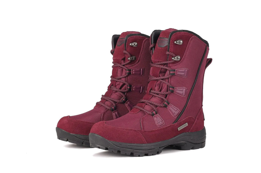 Women's black mid-calf length genuine leather snow boots with a round toe and rubber sole.