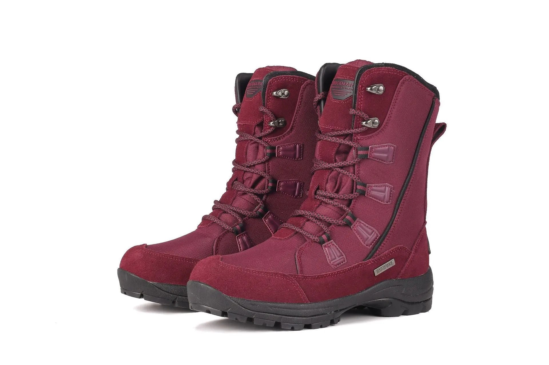 Women's black mid-calf length genuine leather snow boots with a round toe and rubber sole.