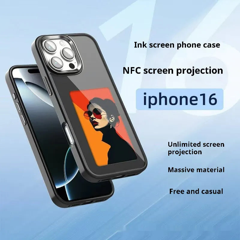 Black NFC four-color E-ink screen phone case for iPhone 15 with flower print, TPU composite board drop-proof