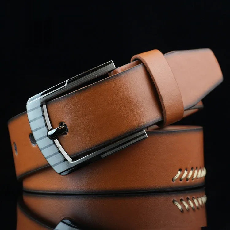 Men's threaded casual belt with alloy pin buckle in black, white, and brown colour options