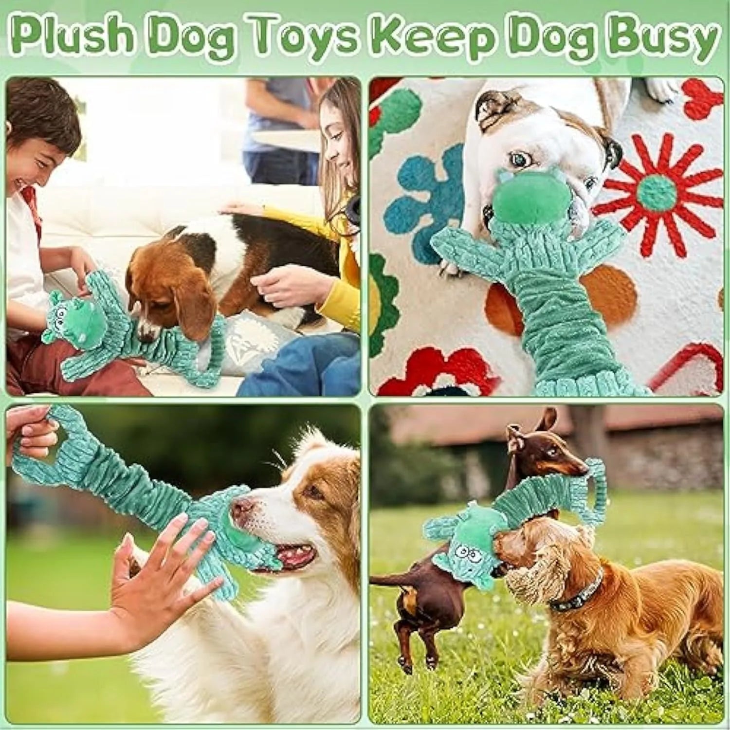 Large green plush hippo dog toy with a handle, shown as an interactive squeaky and crinkle chew toy