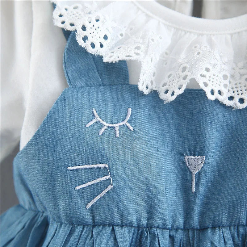 Summer solid colour blue cotton dress with rabbit ears and denim fake two-piece design for girls, front view