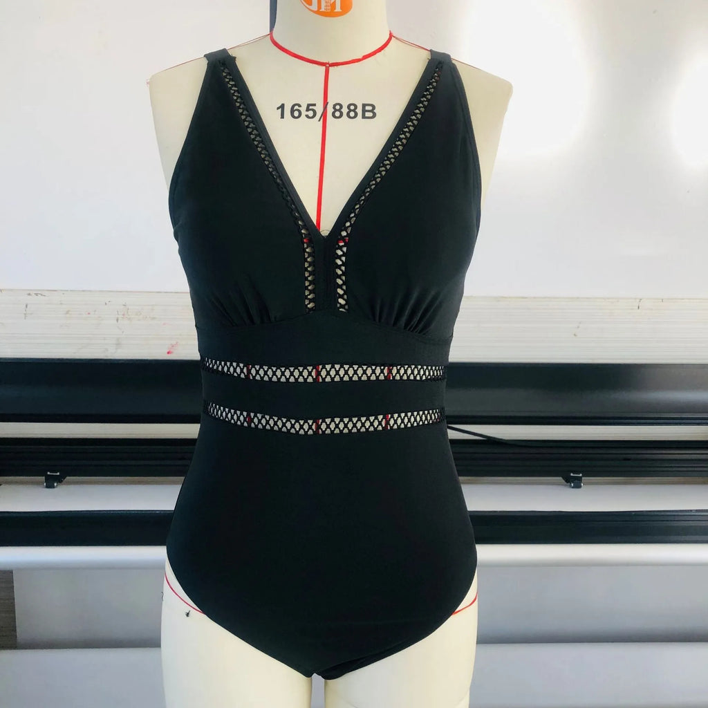 Women's black printing polyester mesh plus-size bikini swimsuit on hanger