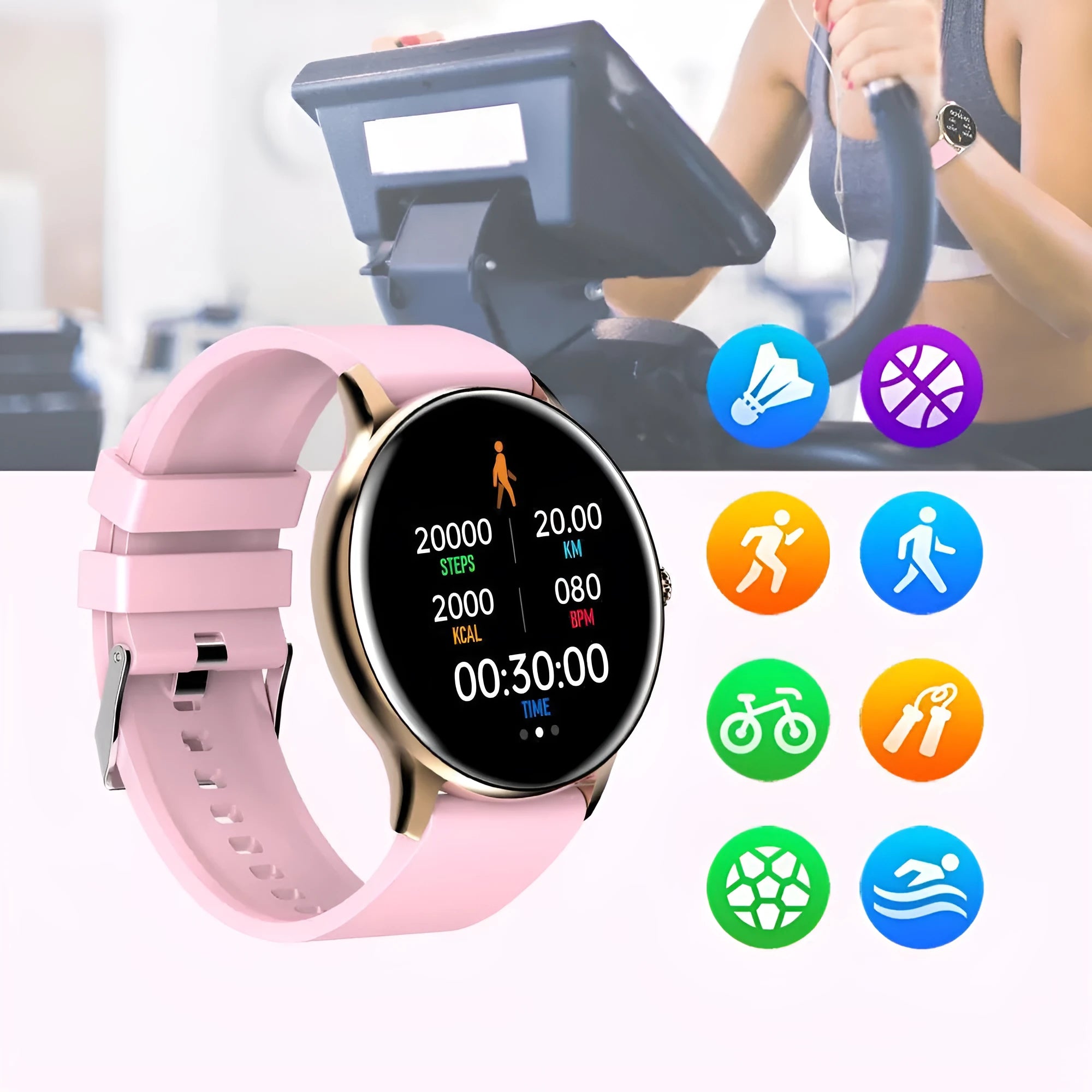 Black smartwatch with circular screen displaying heart rate and blood pressure data on a silicone wristband.
