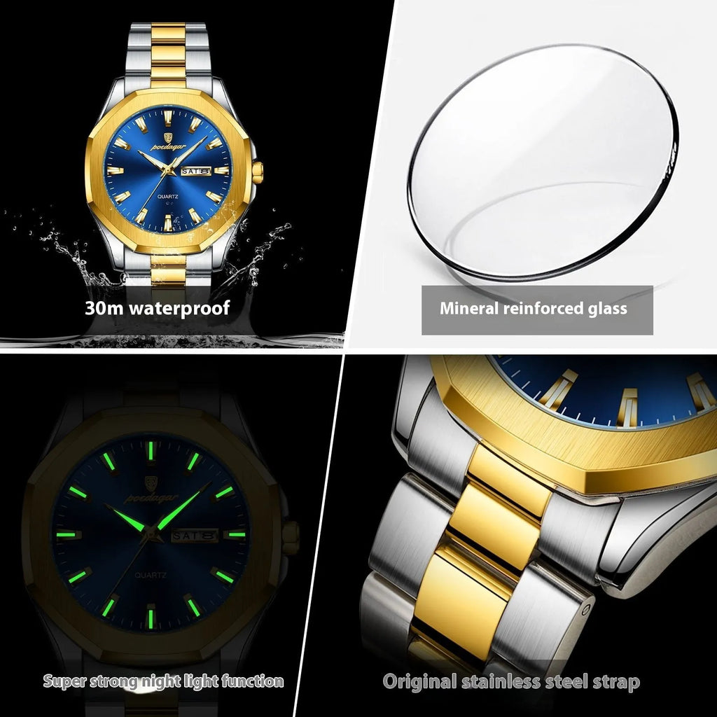 Men's slim stainless steel quartz watch on wrist showing gold and blue colour variant.