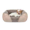 Golden retriever stuffed plush pet kennel bed for dogs and cats in beige.