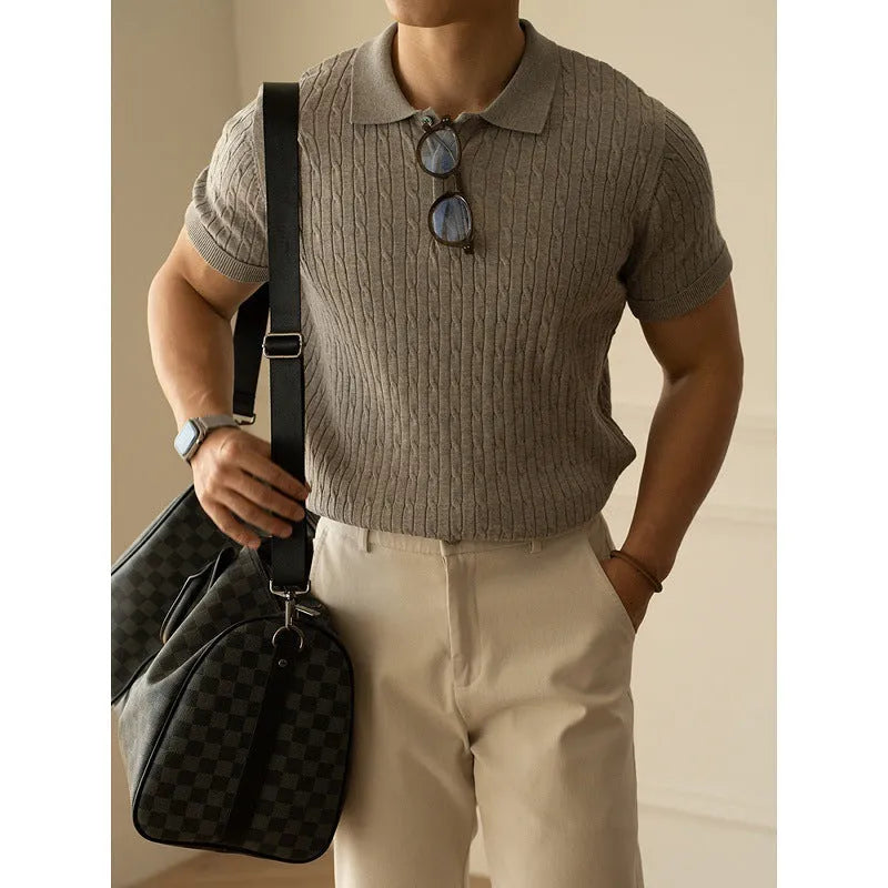 Man wearing a khaki short-sleeve business casual top, showing slim fit and fabric texture.