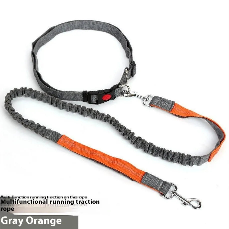 Grey and green hands-free running dog leash with reflective strips and elastic sling design