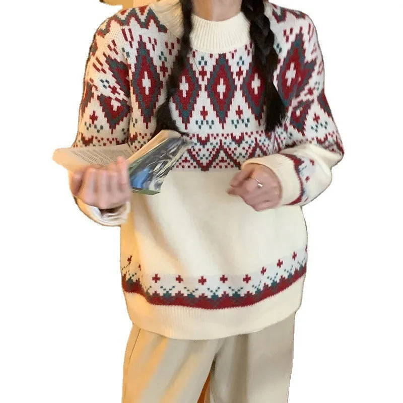 White and red striped loose retro pullover knitted top with long sleeves.