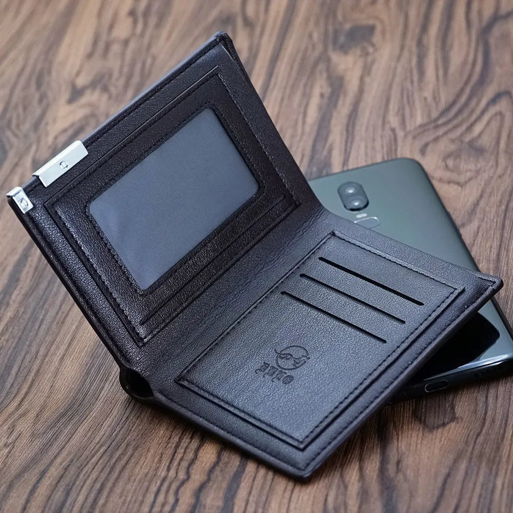 Men's leather wallet showing seven card slots and zipper closure mechanism