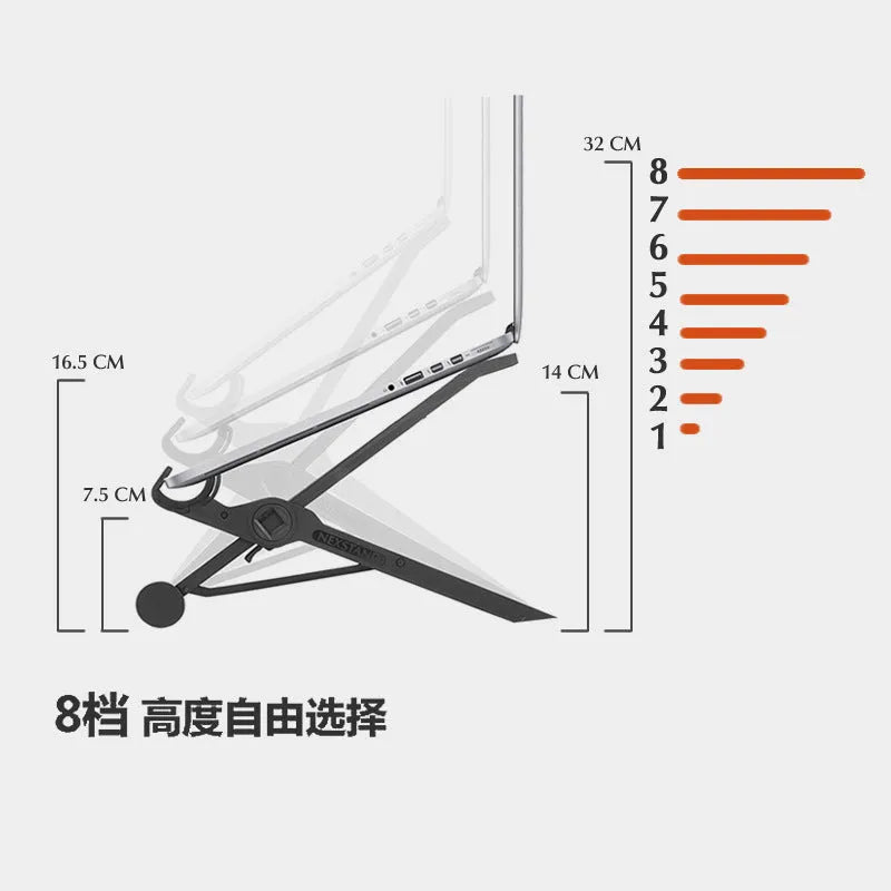 Sagacious black portable laptop stand with foldable enhanced nylon construction and storage bag