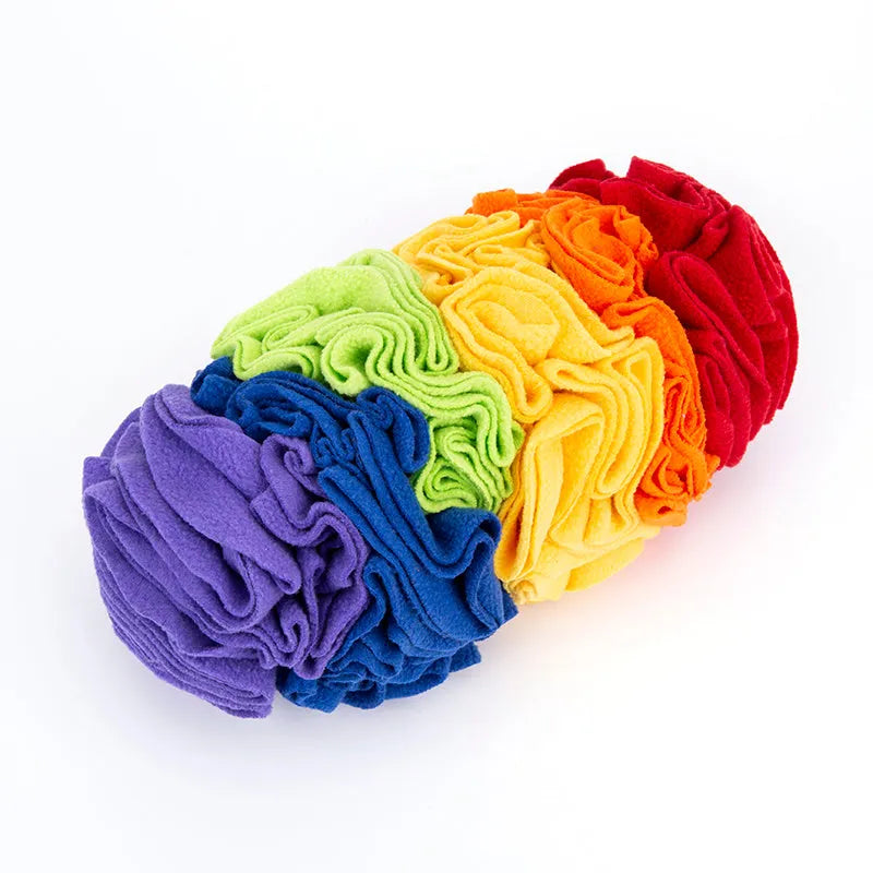 Dog snuffle pad made from polar fleece in rainbow colour, size 25x15cm, with treats hidden in fleece strips