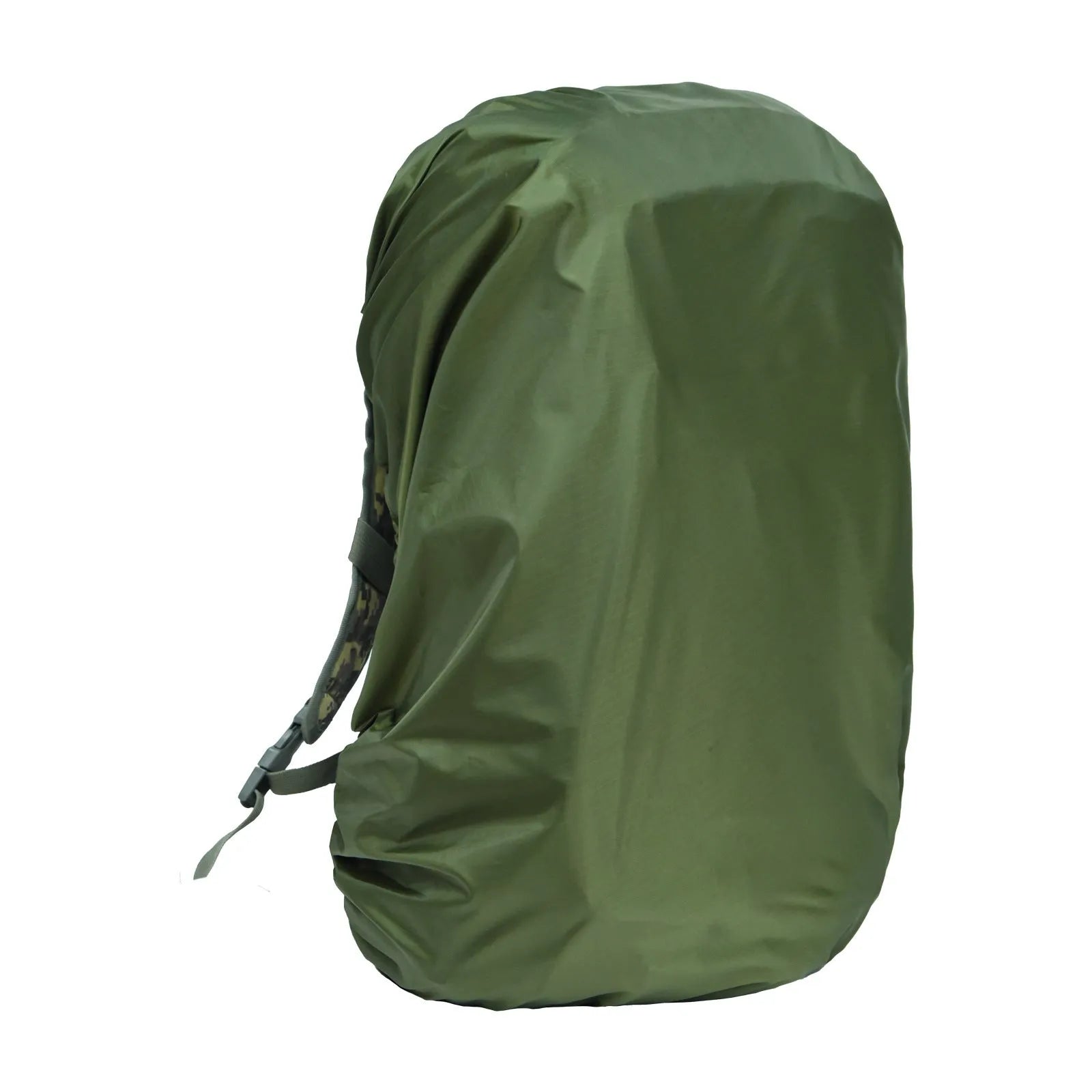 Waterproof PU rain cover for an 80-litre backpack in army green colour.