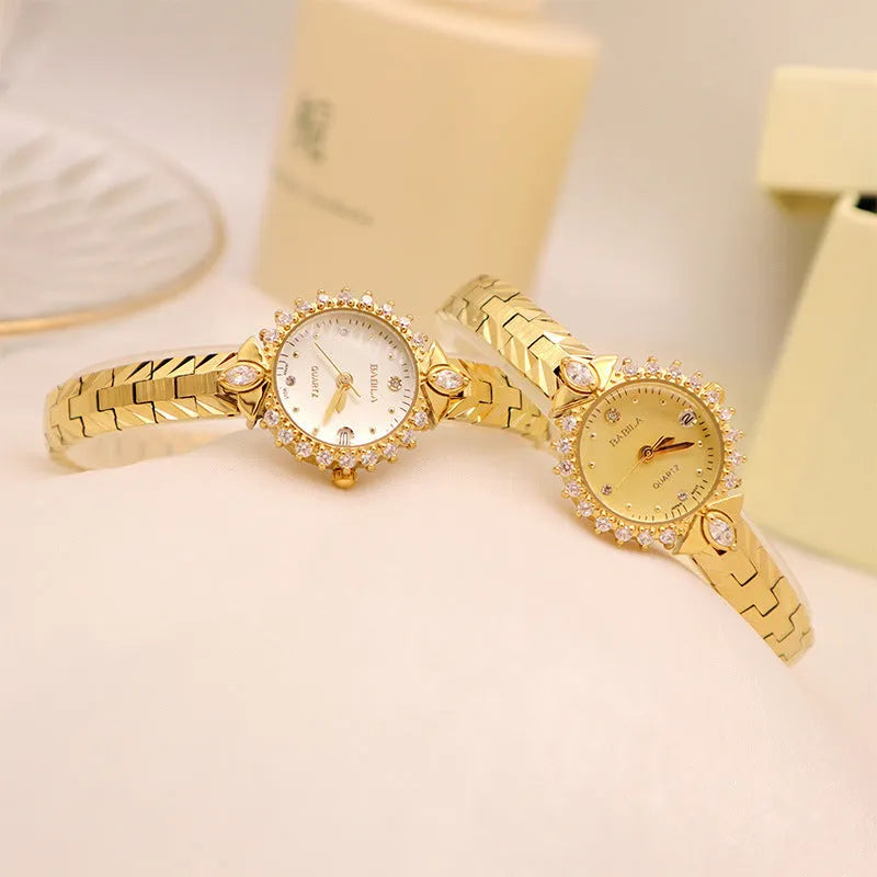 Women's vintage quartz watch with diamond bracelet in gold or white dial option
