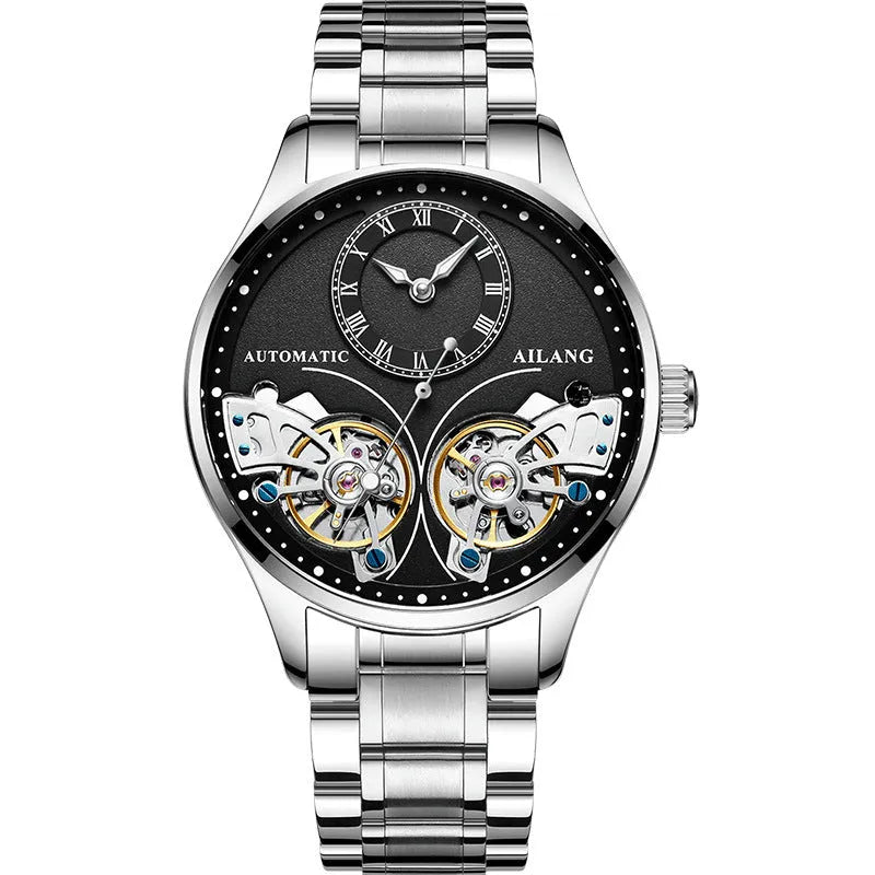 Men's automatic watch with tourbillon and moon phase on a metal case with a black dial.