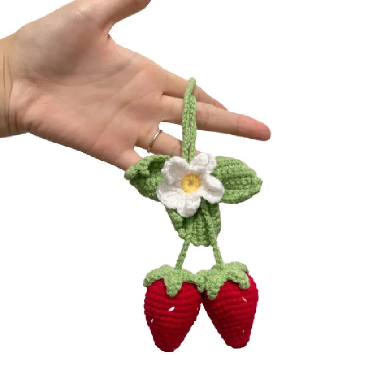 Handmade woven strawberry car pendant made from cotton and hemp knitting wool.