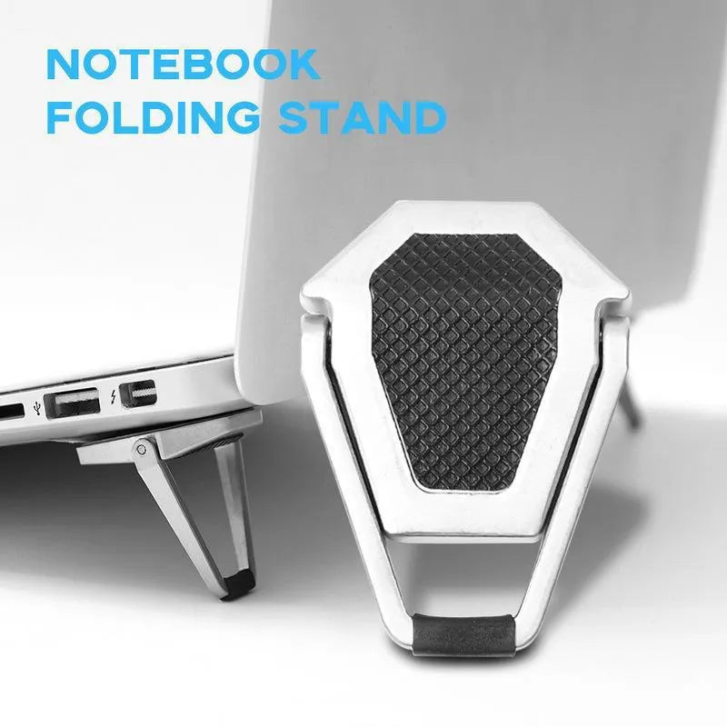 Silver aluminium alloy folding computer bracket showing compact 4.8cm × 3.5cm dimensions