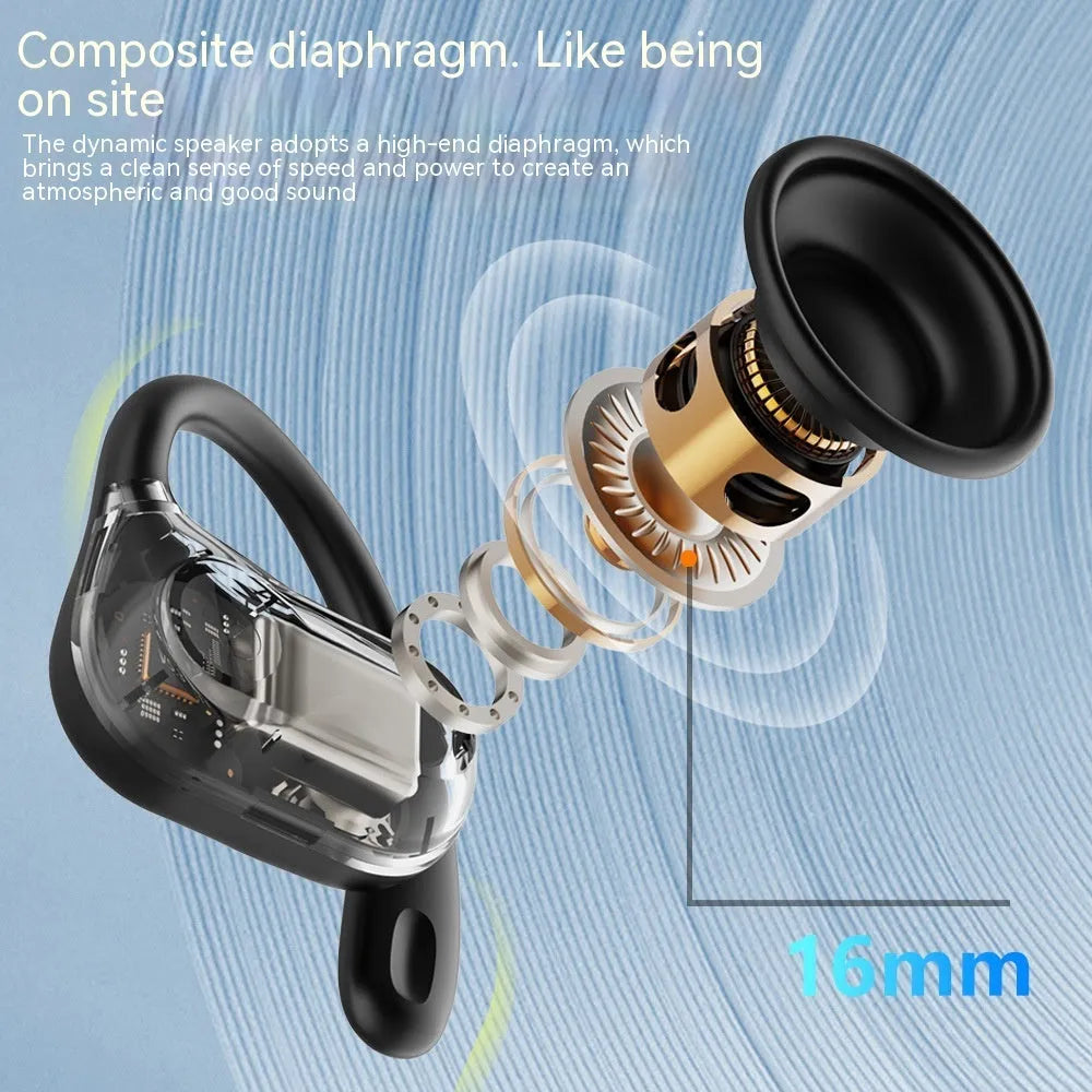 Ear-mounted bone conduction Bluetooth headset in ear-hanging clip design, black colour, with digital display, on a plain background