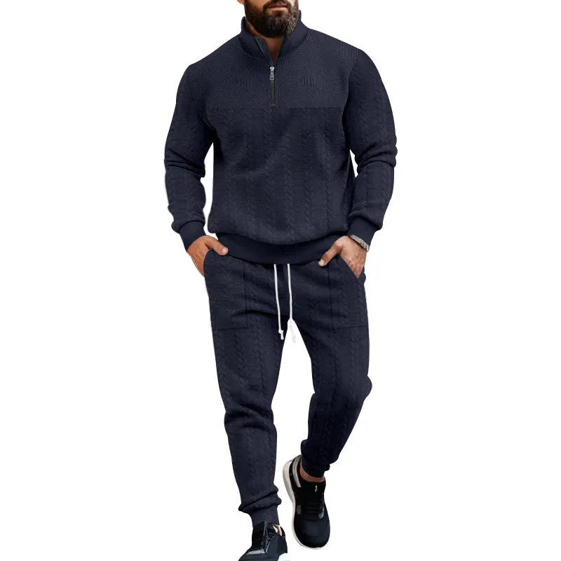 Men's casual fleece-lined warm-up track pants set in khaki, showing zippered jacket and matching pants