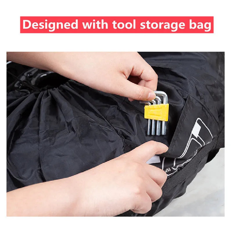 Set of four black Oxford cloth tyre protective covers with red belt closures laid flat.