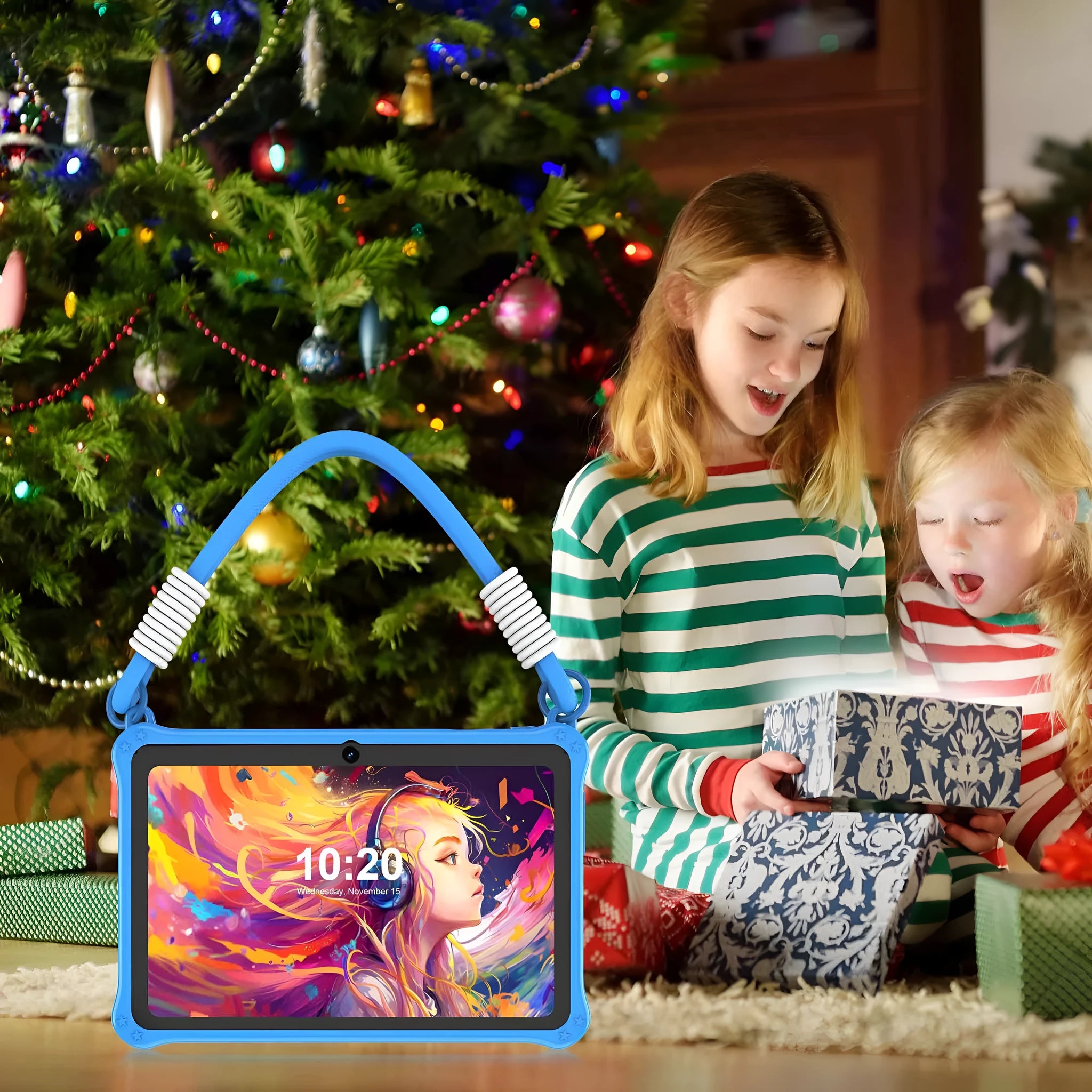 7-inch children's silicone tablet case in sapphire blue with flat strap and included screen protector