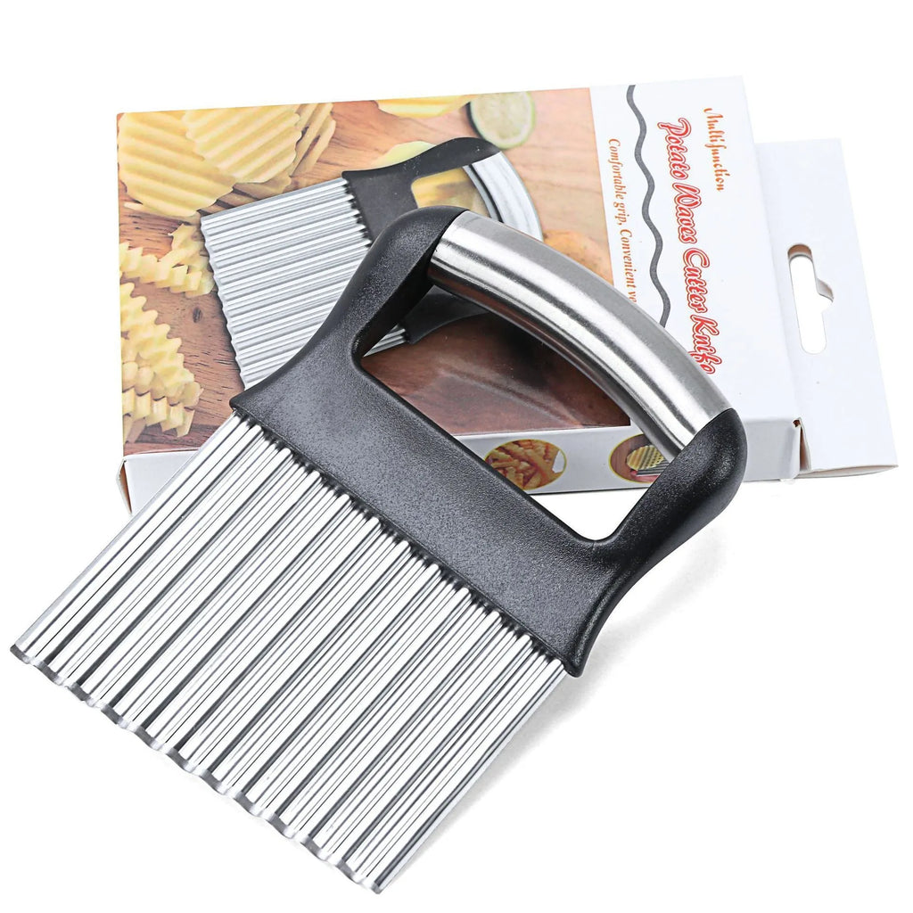 Stainless steel potato wave knife for crinkle cutting vegetables, shown in black or white.
