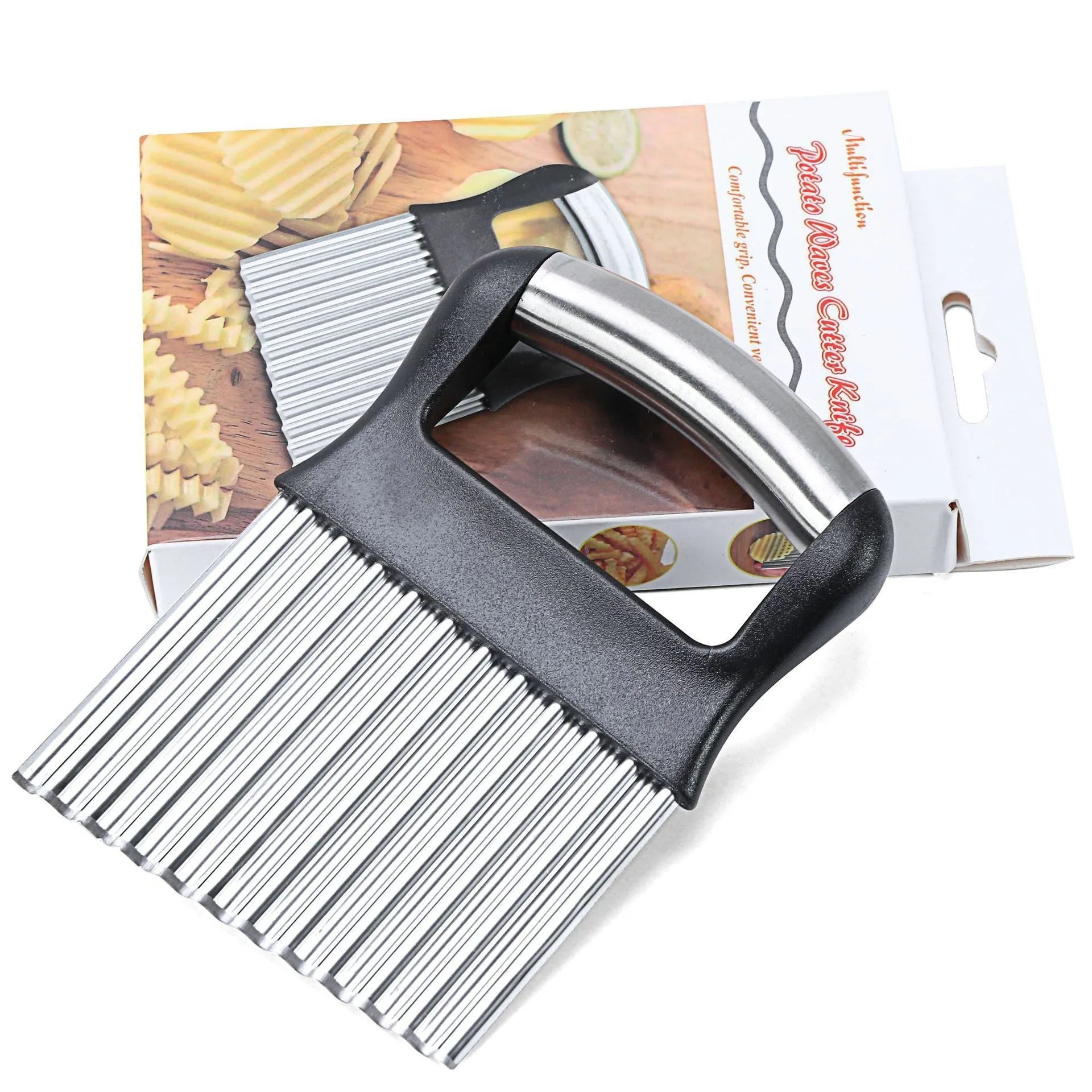 Stainless steel potato wave knife for crinkle cutting vegetables, shown in black or white.