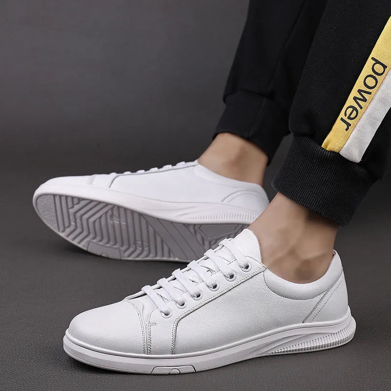 Men's cowhide board shoes in white or black, genuine leather upper, flat heel, sizes 37 to 46