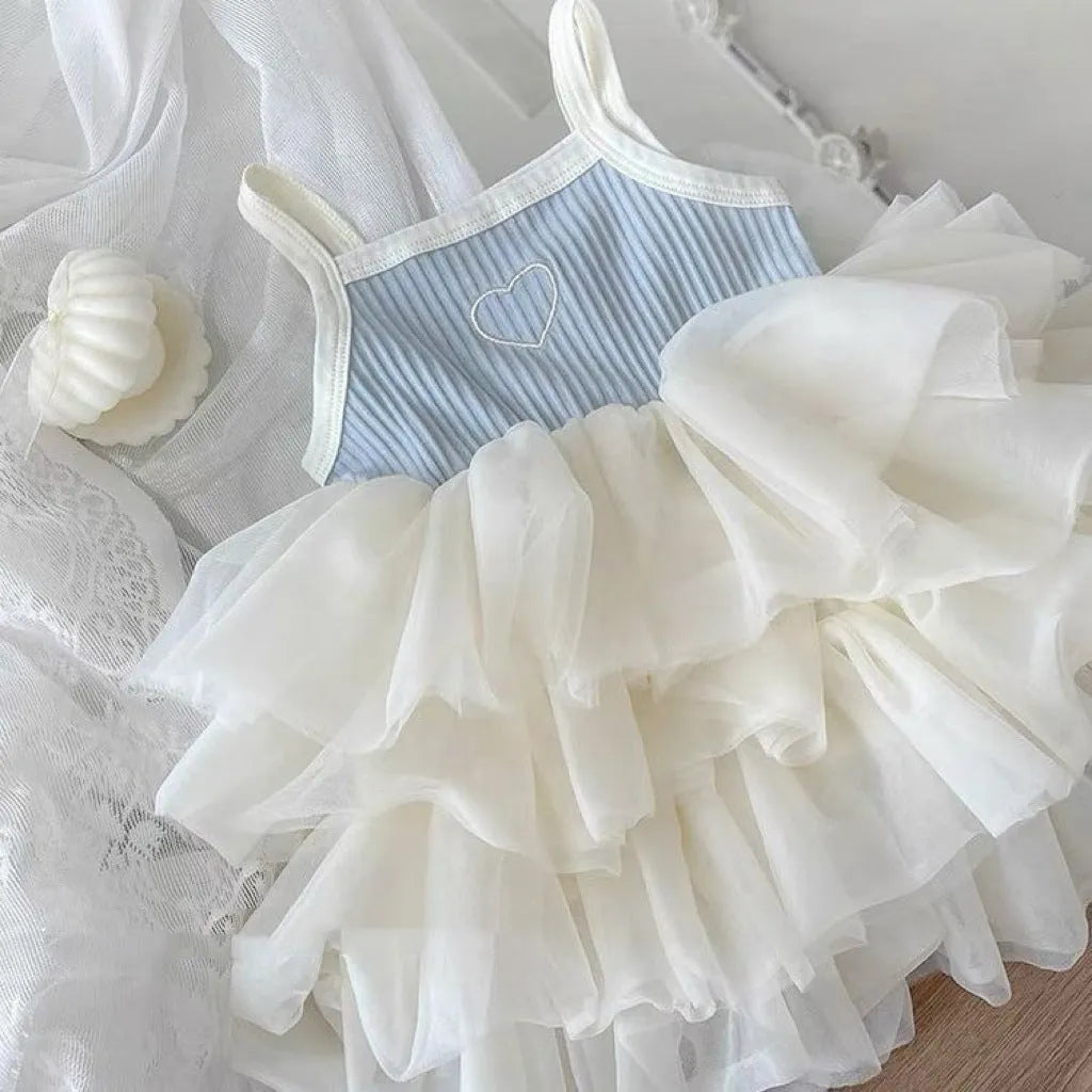 Girl's cotton baby cake dress in light blue love cake print suspender style
