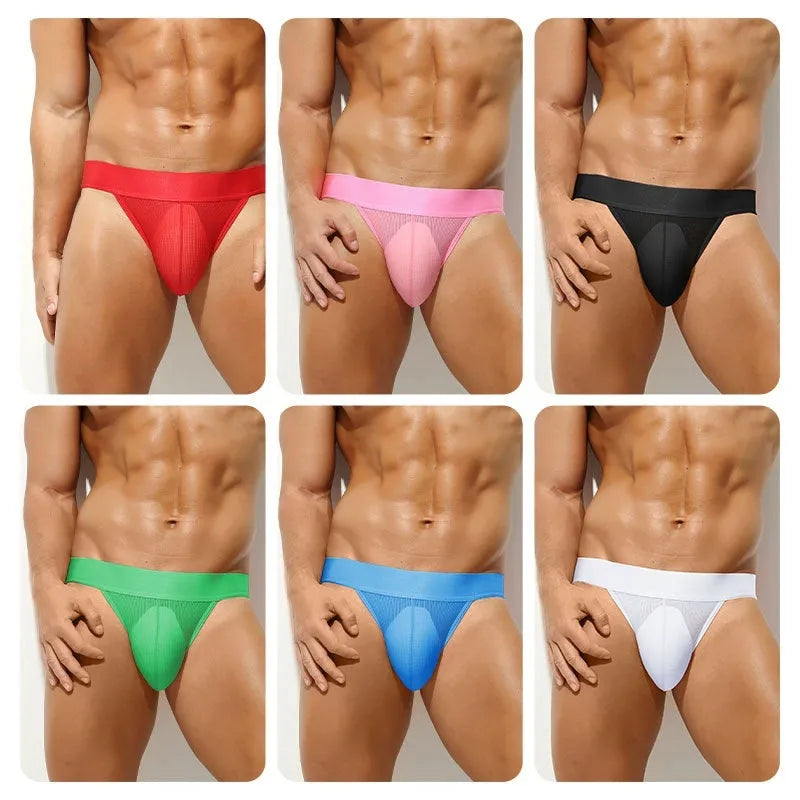 Men's low waist T-back sports underwear in translucent nylon, solid colours, sizes S to XL