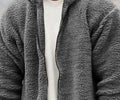 Casual men's solid colour polyester hooded jacket in gray with hood, front view