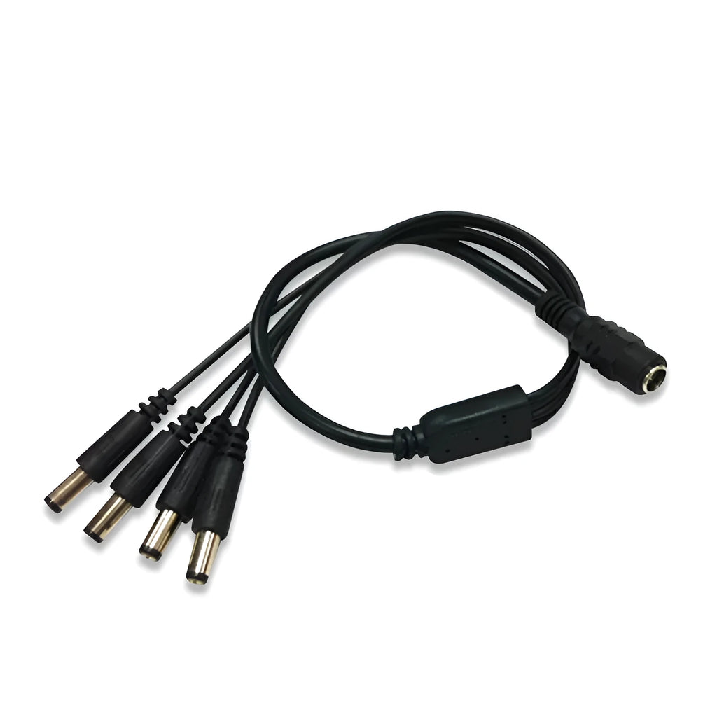 Black 12V DC one-to-four monitoring power splitter cable with 5.5mm connectors for CCTV cameras