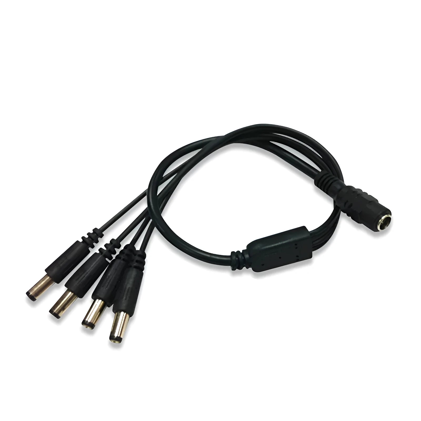Black 12V DC one-to-four monitoring power splitter cable with 5.5mm connectors for CCTV cameras