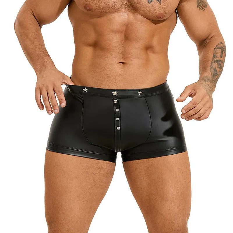 Black PU leather men's U-pouch shorts showing front design and leather-like appearance