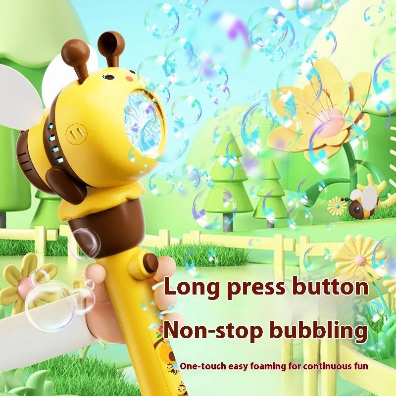 Yellow electric bee bubble machine toy with automatic lights on a flat surface