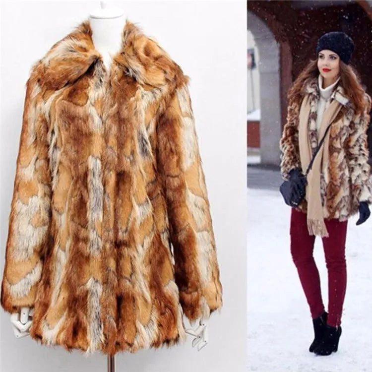 Women's slim fit tiger pattern faux fur jacket with long sleeves on a mannequin.