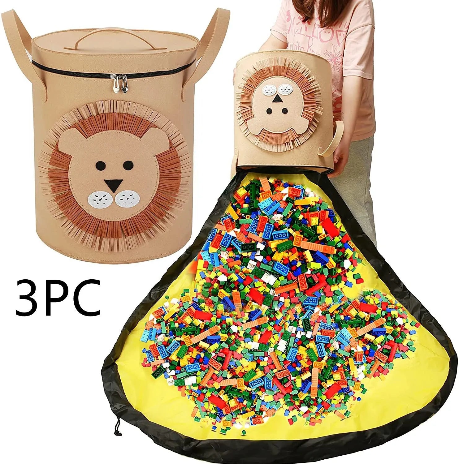 Green felt cube storage bag with pull rope handles that converts to toy play mat