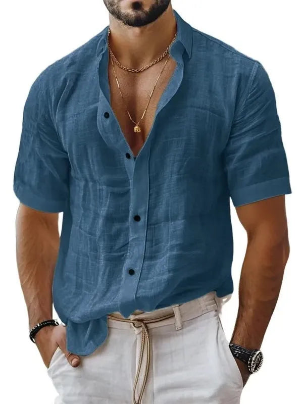 Men's short sleeve lapel shirt in cotton-linen blend with cardigan style open front