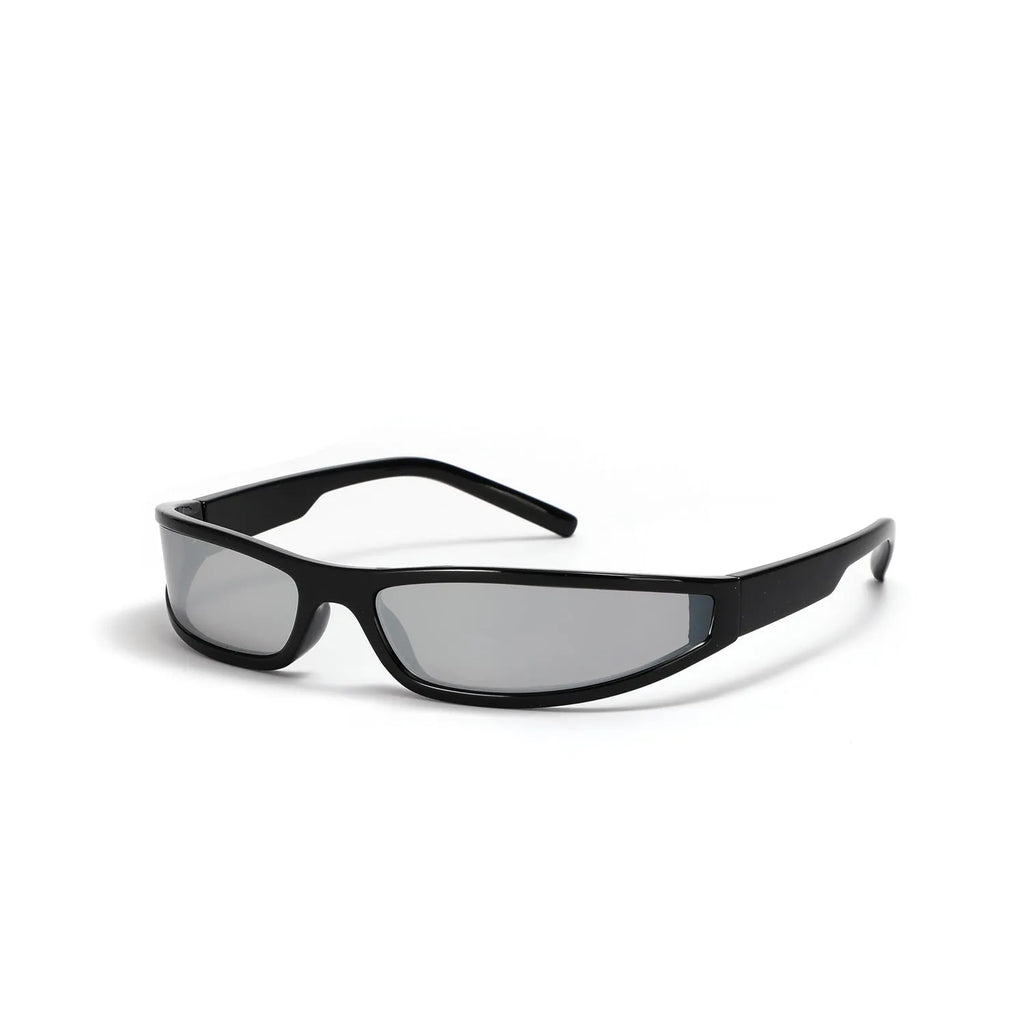 Narrow frame sunglasses with mercury finish in bright black and gray colour, showing future style design with slim profile