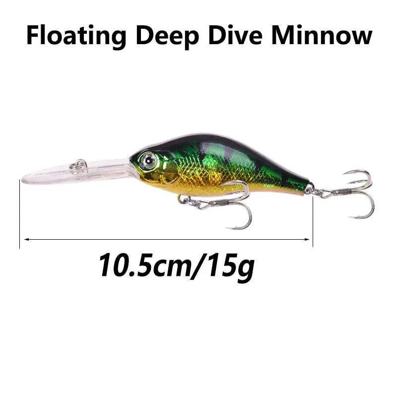 Deep diving mino pattern fishing lure showing floating rock action design