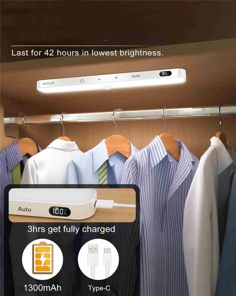 White motion sensor cabinet light with battery display screen, available in 1m to 5m lengths for household use