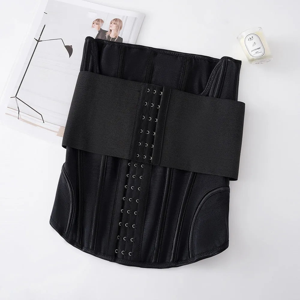 Adjustable nylon belly band for waist training in black and apricot colours with belt tie closure