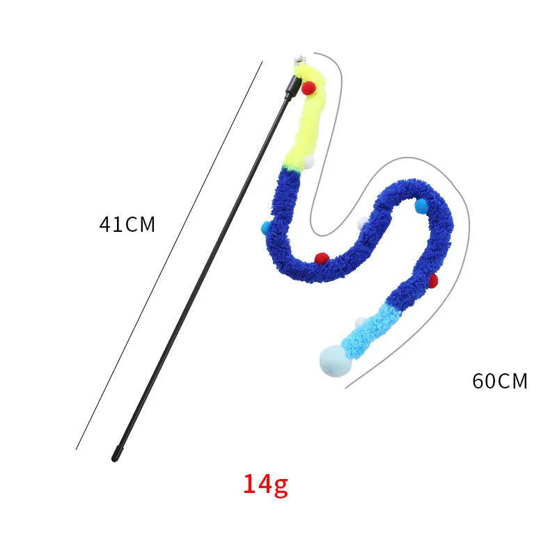 Blue interactive cat teaser wand with long plush strip, fluffy ball, and bell on a 41cm pole.
