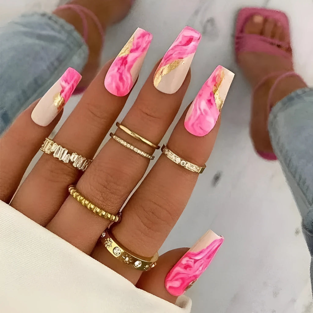 Rose and leopard print press-on false nails kit with glue and jelly adhesive bottles