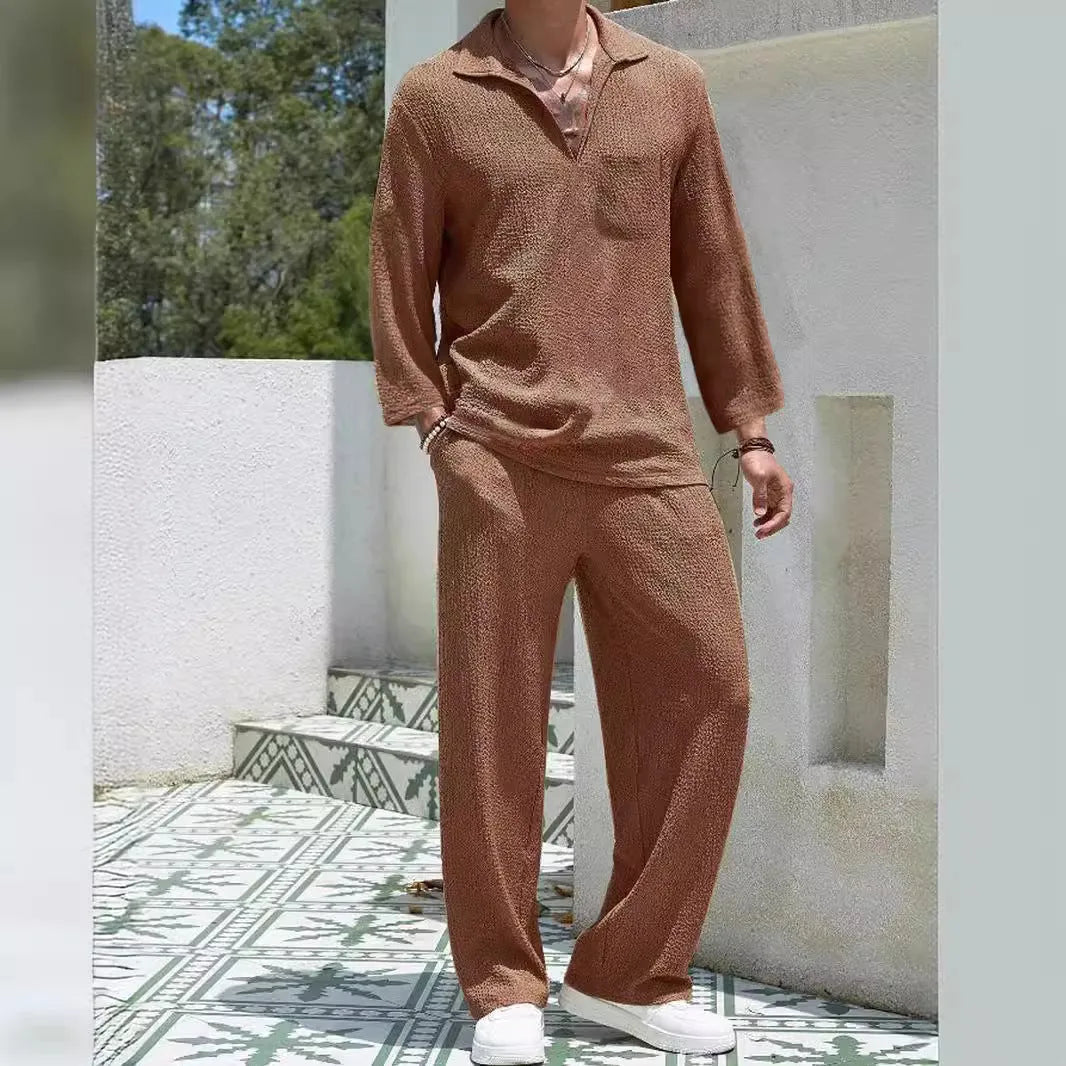 Men's casual shirt trousers suit set in polyester fabric for autumn commuting and leisure wear