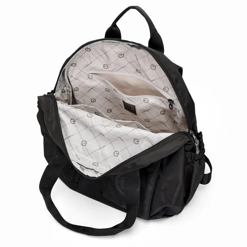 Nylon women's backpack in black, khaki, or green letter rabbit, showing sandwich pocket and large 48cm height.