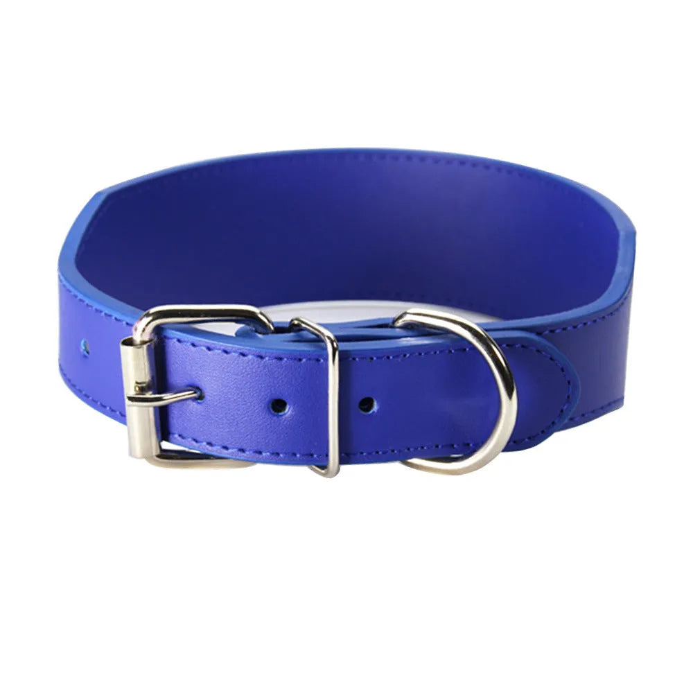 Large fish-shaped leather dog collar in red, blue, black, pink, or brown on a size chart.