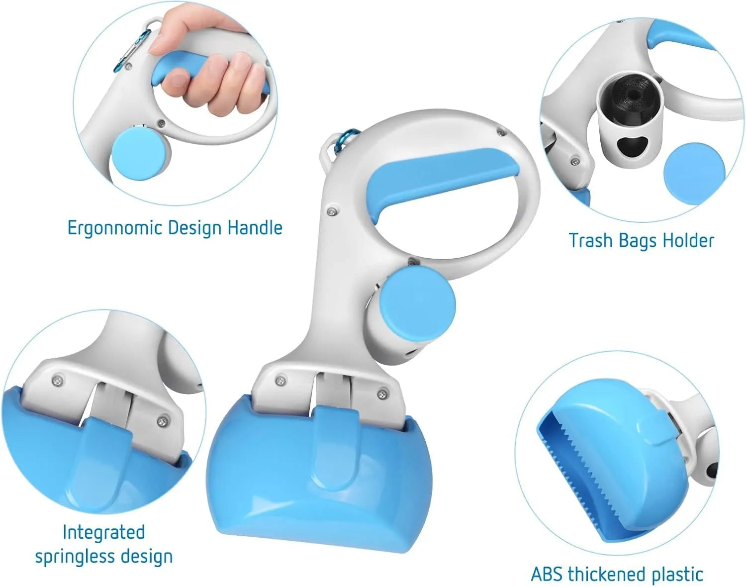 High-strength ABS plastic pet pooper scooper with built-in bag holder in blue, red, yellow, or black.